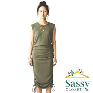 SHEIN Olive Green Sleeveless Dress Ruched Sides Ribbed Knit Custom Fit Sz S EUC